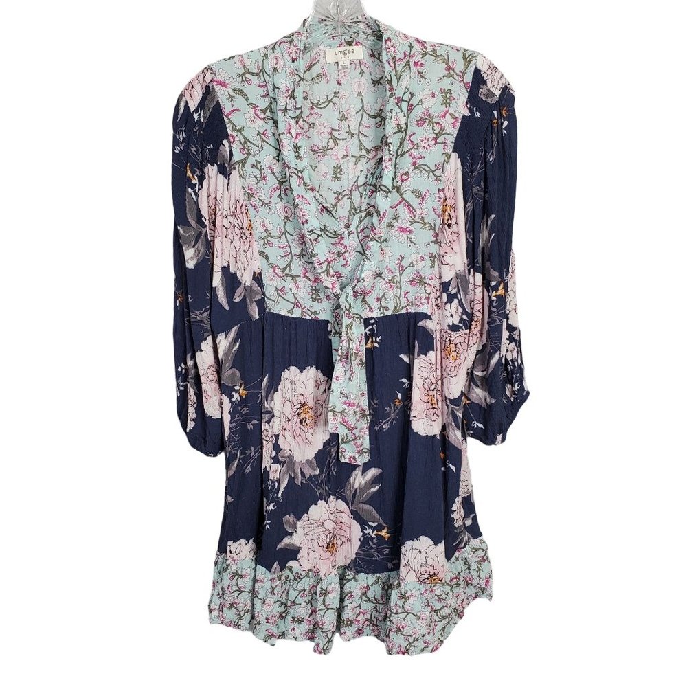 Umgee Size L Dress Blue CottageCore Floral Crinkle V-neck Ribbon Tie Puff Sleeve - Picture 7 of 9